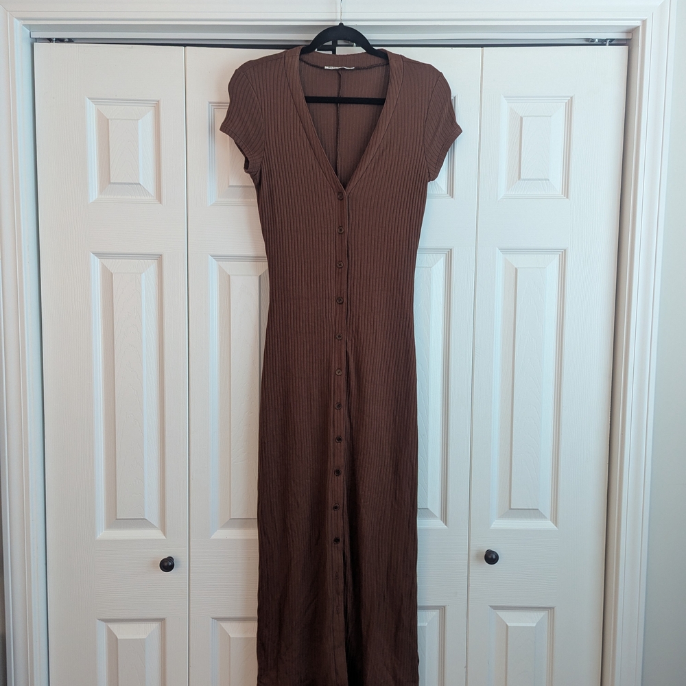 Reformation Brown V-Neck Sheath Midi Dress - Picture 2 of 5